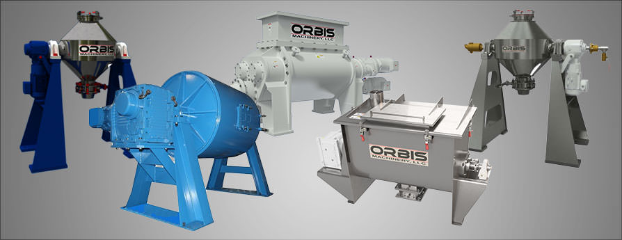 products-main Orbis Machinery LLC product line up - Ball Mills, Cone Tumble Dryers, Double Arm Mixers, Laboratory Mills & Milling Jars, Paddle Ribbon Blenders, and Tumble Blenders